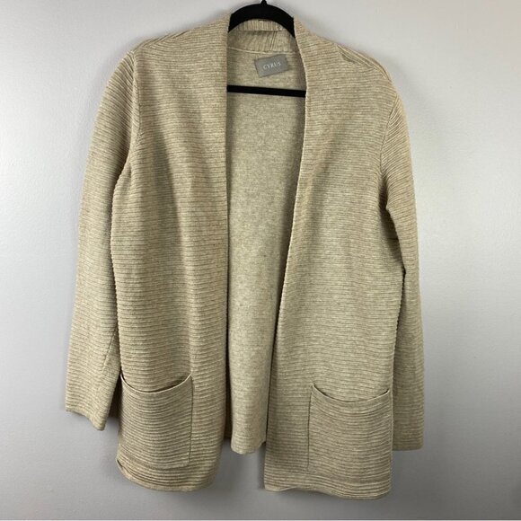 Cyrus Neutral Open Front Long Sleeve Pockets Ribbed Knit Cardigan Large Cream - Picture 2 of 8